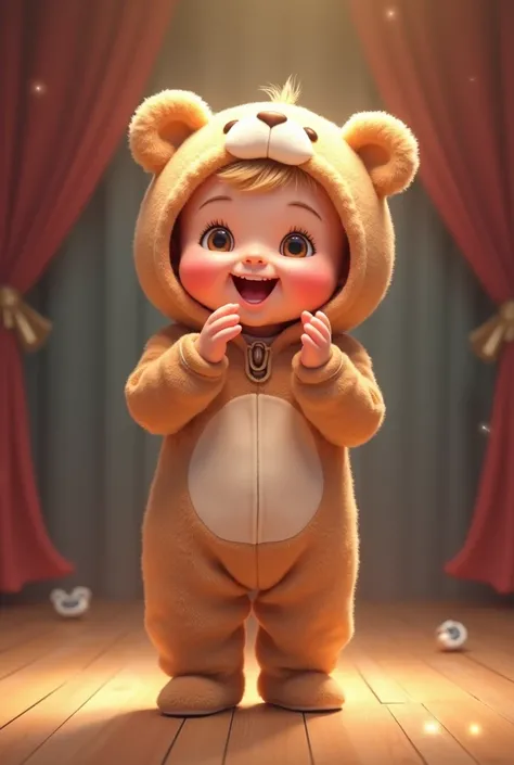 A baby in a teddy bear costume, clapping its hands and smiling while standing on the stage.
