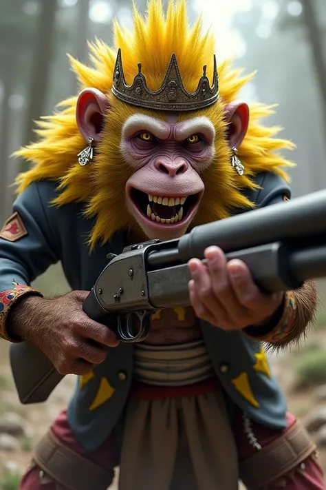 Create a yellow hair monkey king from H1Z1 game with a crown two earrings on the right ear with the mouth open holding a shotgun