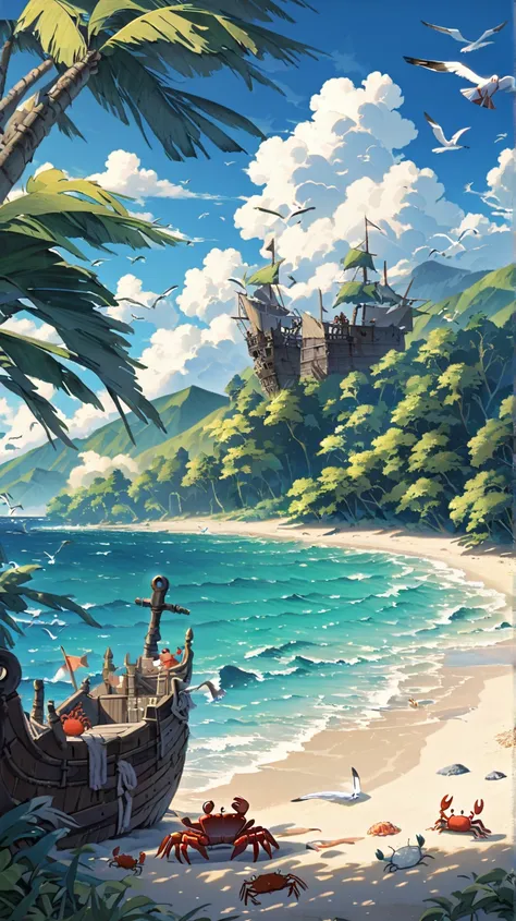 An old pirate ship, on a beach, seagulls, blue sky, whitw clouds, crabs, wind blowing, green mountains, beach trees. Blue oceans, waves, calm environment.