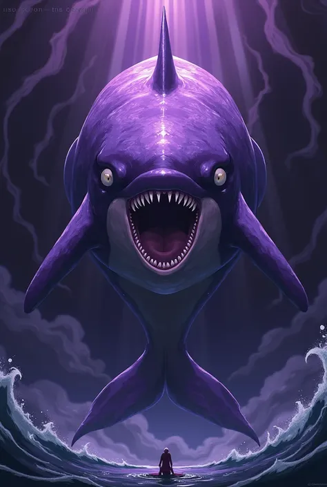 purple orca from black clover where the orca is highlighted with lavander and purple background make it scary, fierce, and cool with "purple orca" word around it 