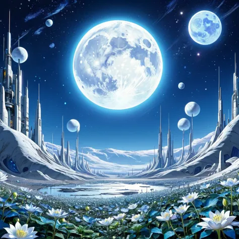 Moon Base, A futuristic moon base, Lots of shining moonflowers, Moons Surface. Mid-future. Background with Earth visible