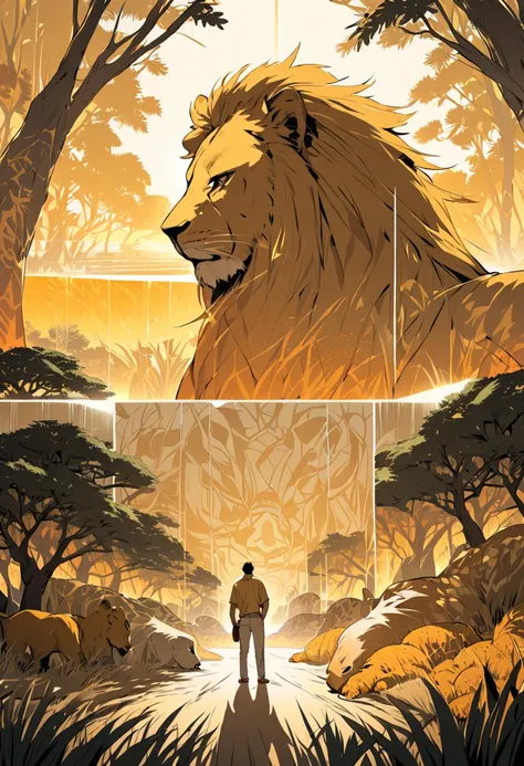 A dynamic comic-style scene set in the African savanna, featuring a man standing confidently beside a majestic lion. The man wears casual safari attire, with the warm golden light of the setting sun casting long shadows across the grassy terrain. In the ba...