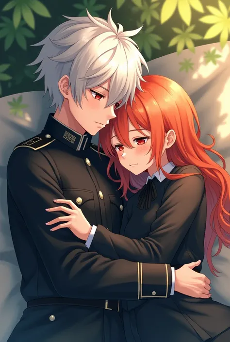 Young boy 18 years old white hair red eyes in black military clothes sleeping outdoors with girl with orange hair girl  girl cuddling together anime