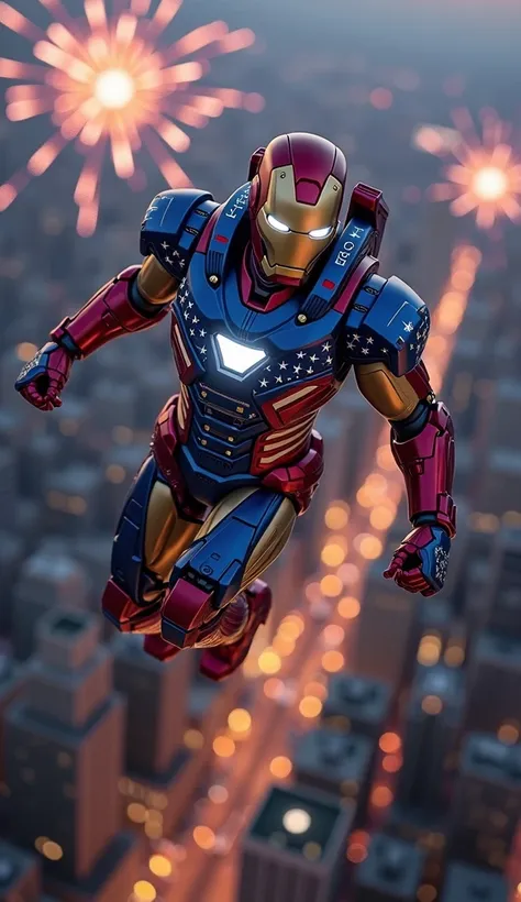 Iron Man in a custom red, white, and blue suit, with the United States flag design on his chest plate and arc reactor glowing brightly, flying above New York City at night, with skyscrapers and fireworks in the background.