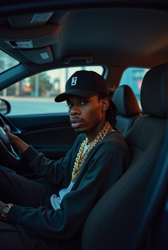  Young man braided in the back of a Honda Civic model car, with gold chains, With a cap and without braids, At night