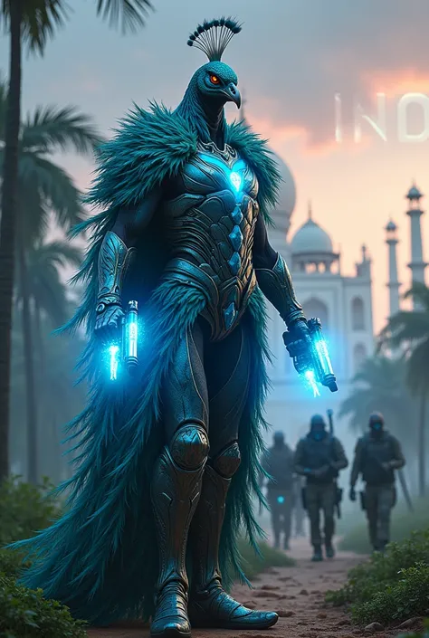 A stunning peacock-human hybrid, wearing feathered stealth armor, holds dual plasma pistols glowing in electric blue. Its iridescent feathers shimmer under a tropical sky. Behind it, 6 operatives in jungle camouflage move silently, while the iconic **Taj M...