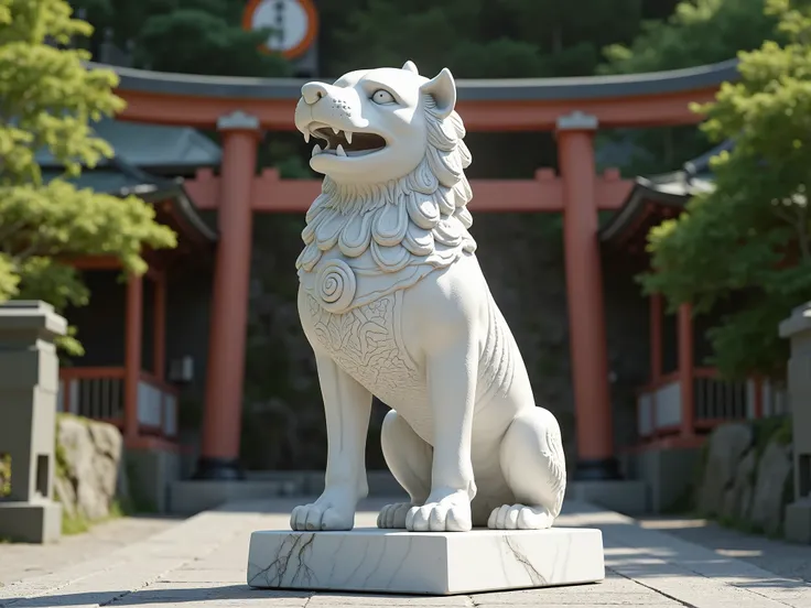 The statue of the white Komainu at the shrine is facing sideways