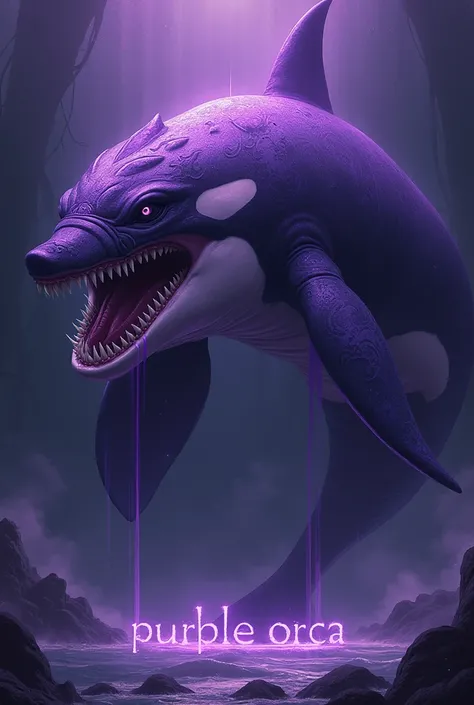 purple orca from black clover where the orca is highlighted with lavander and purple background make it scary, fierce, and cool with the words "purple orca" near below