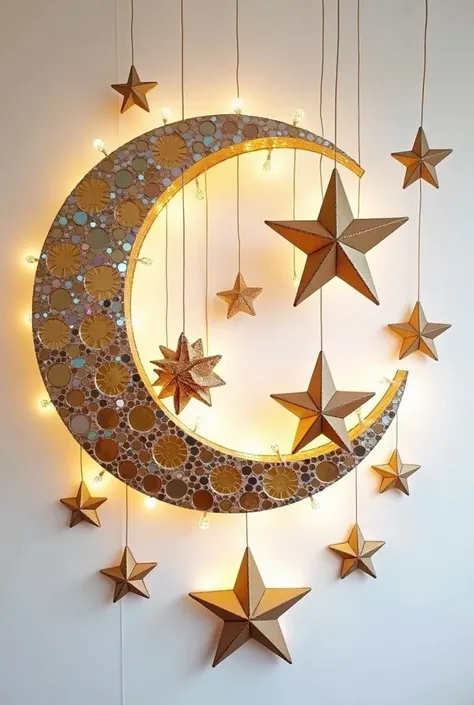 SKETCH A 3D RECYCLABLE PAROL WITH BIG CRESENT MOON DESIGN AND SUPER BIG 3D THREE LAYER STARS HANGING ON INSIDE OF THE MOON NOT OUTSIDE OR AROUND IT AND PUT IT IN A WHITE BACKGROUND AND PUT A STRINGED LED LIGHTS AROUND IT DONT PUT ANY COLOR PUT A MOSAIC DES...