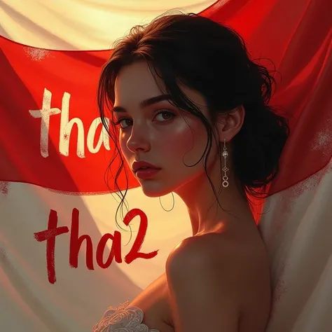 Beautiful girl. The background is a flag, writing the word Tha2 on the flag. 