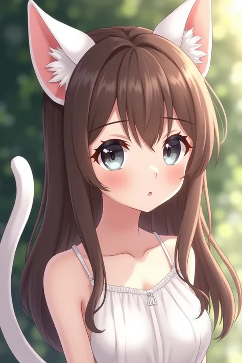 Beautiful girl with brown hair, white cat ear and white cat tail ,  in a white dress, with grey eyes. The face is more realistic . 28 year old girl .  Brown hair 
Shes an adult..  White tail and ears 
Even older and the ears with the tail are white
Make he...