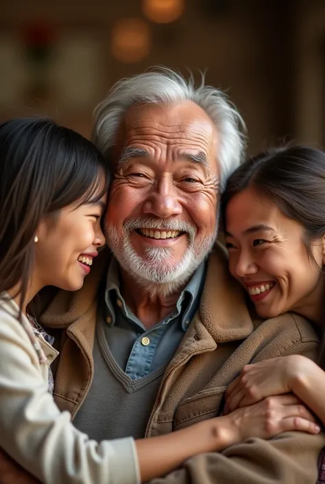 The elderly father smiling happily with his family around him.
 A very clear ultra HD dynamics emage.
