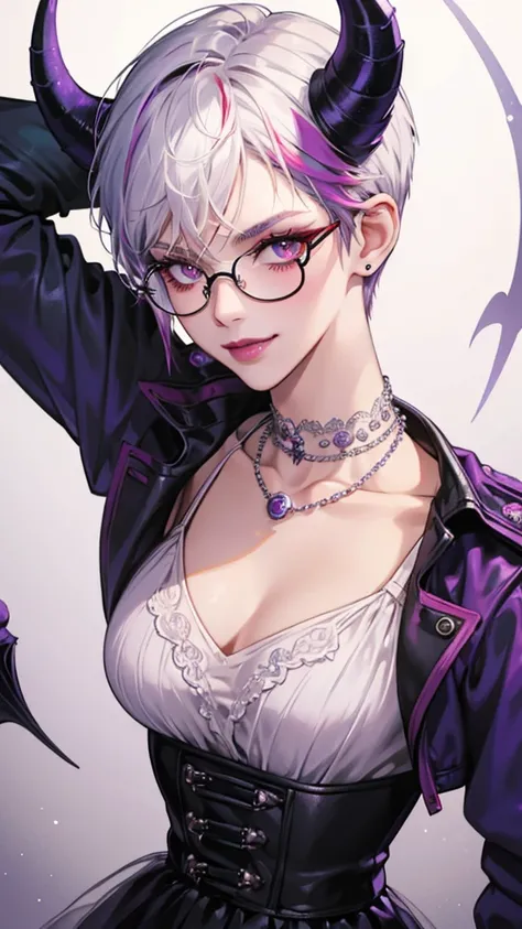 8k, masterpiece, best quality, highly detailed, 1 girl, devil, demon horns, warlock, pixie cut, white hair, multicolored hair, very short straight hair, red highlight hair on white hair, stippled hair, wearing glasses, round glasses, earrings, red eyeshado...