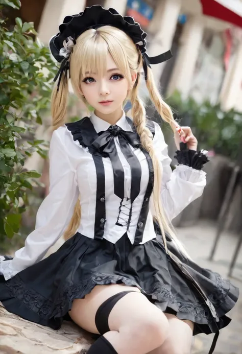 BREAK Perfect Anatomy、( high resolution:1.2)、 incredible illustrations 、( cute illustrations :1.2,not suitable for work),(nice background,)1gial ((blonde hair,shiny hair,Hair supply :1.8,langes Haar)(doyagao)(black coat,Gothic Lolita style battle uniform, ...