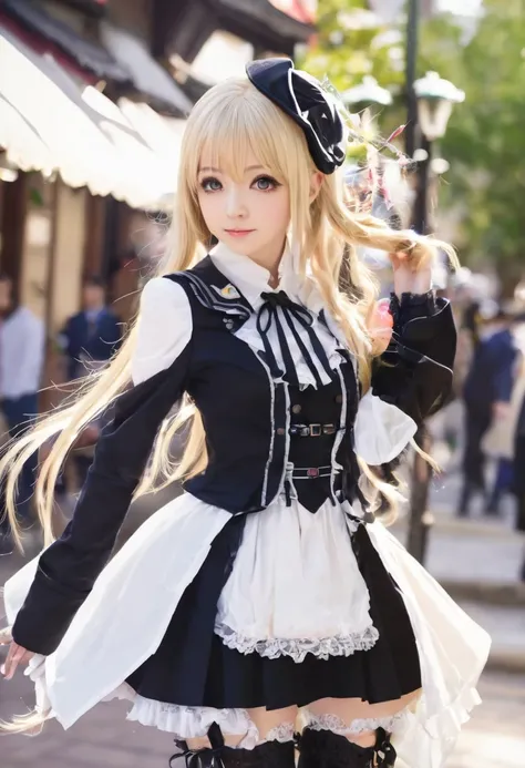 BREAK Perfect Anatomy、( high resolution:1.2)、 incredible illustrations 、( cute illustrations :1.2,not suitable for work),(nice background,)1gial ((blonde hair,shiny hair,Hair supply :1.8,langes Haar)(doyagao)(black coat,Gothic Lolita style battle uniform, ...