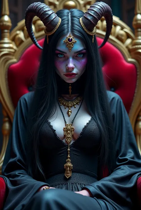 Monster Girl, Very nice, wizard, Black robe, red decoration , langes Haar, Horns, Scale, f4ng,  small fangs , fangs,  blue and purple skin gradient, Gold, Schmuck, In a palace ,  sitting on the throne , Close-up,  blue eyes , Full body, 