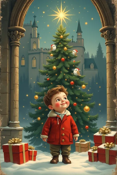 Portrait of a boy. Vintage Christmas card style. An ancient castle, a huge Christmas tree, magic, presents, owls under the ceiling and a chubby pink-cheeked boy waiting for a miracle. --style raw -