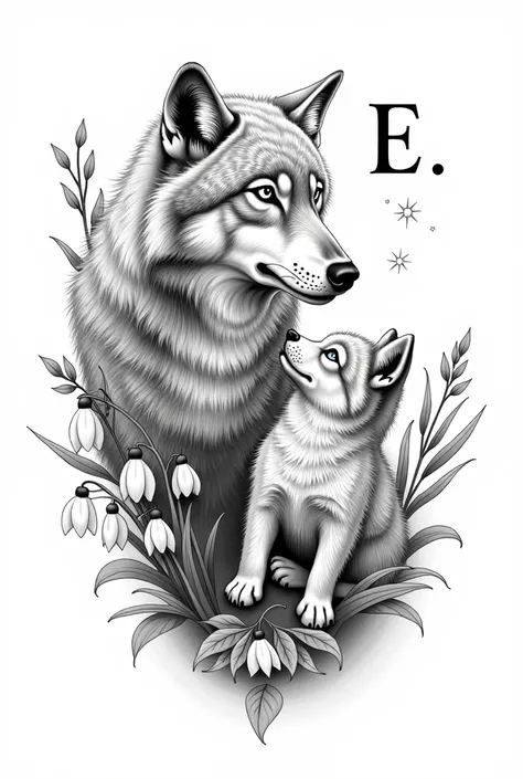  Black and white tattoo of a female wolf and her wolf cub looking at each other. Surrounded by snowdrops in the background and the letter E 