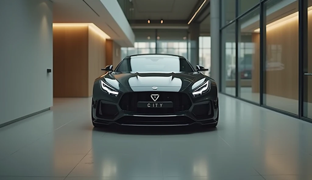  

"A sleek and modern black sports car with a low and aerodynamic design, positioned indoors in a minimalist, well-lit showroom. The car has sharp LED headlights, a prominent front grille, and the CITY branding displayed at the center of the grille. The b...