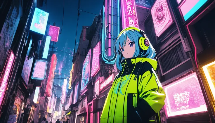 Town,neon, headphones, girl,anime, real,Photo style, High Quality 