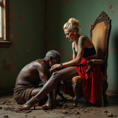 An elderly dark-skinned African-American , dirty, ugly, vestido con harapos dirtys, He is lying on the floor under the feet of a Russian woman and sucks the mud from the sole of the Russian womans sandals, pretty, blonde, golden hair, tattoos, dressed in a...