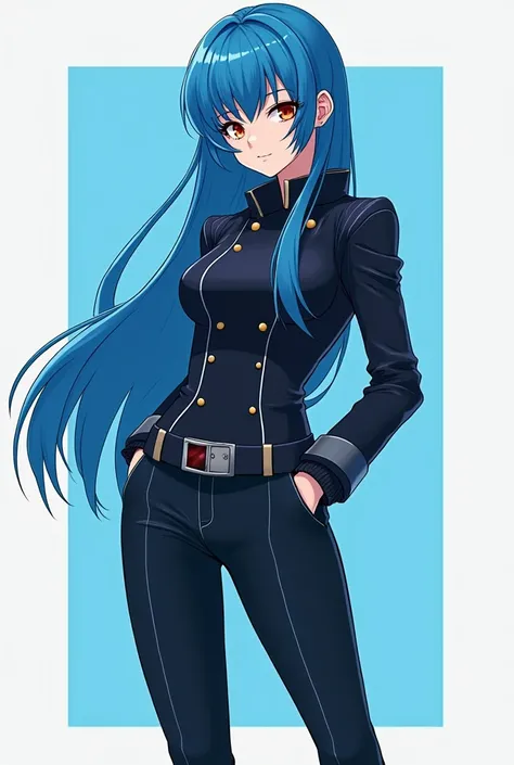  Create a girl with long blue hair, fringe,  full body image , art style,  realistic cartoon , type HQ , wearing elegant secret agent outfits .