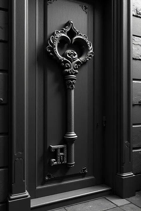 The image of a big antique key in a door. " Image en blanc noir 