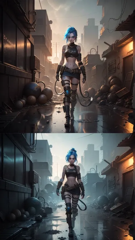 ((Best quality)), ((masterpiece)), (very detailed:1.3), 3D, arcane style. A young female character named Jinx in the dystopian city of Piltover. She has a chaotic and rebellious appearance, embodying unpredictability, with vibrant blue hair, a mischievous ...