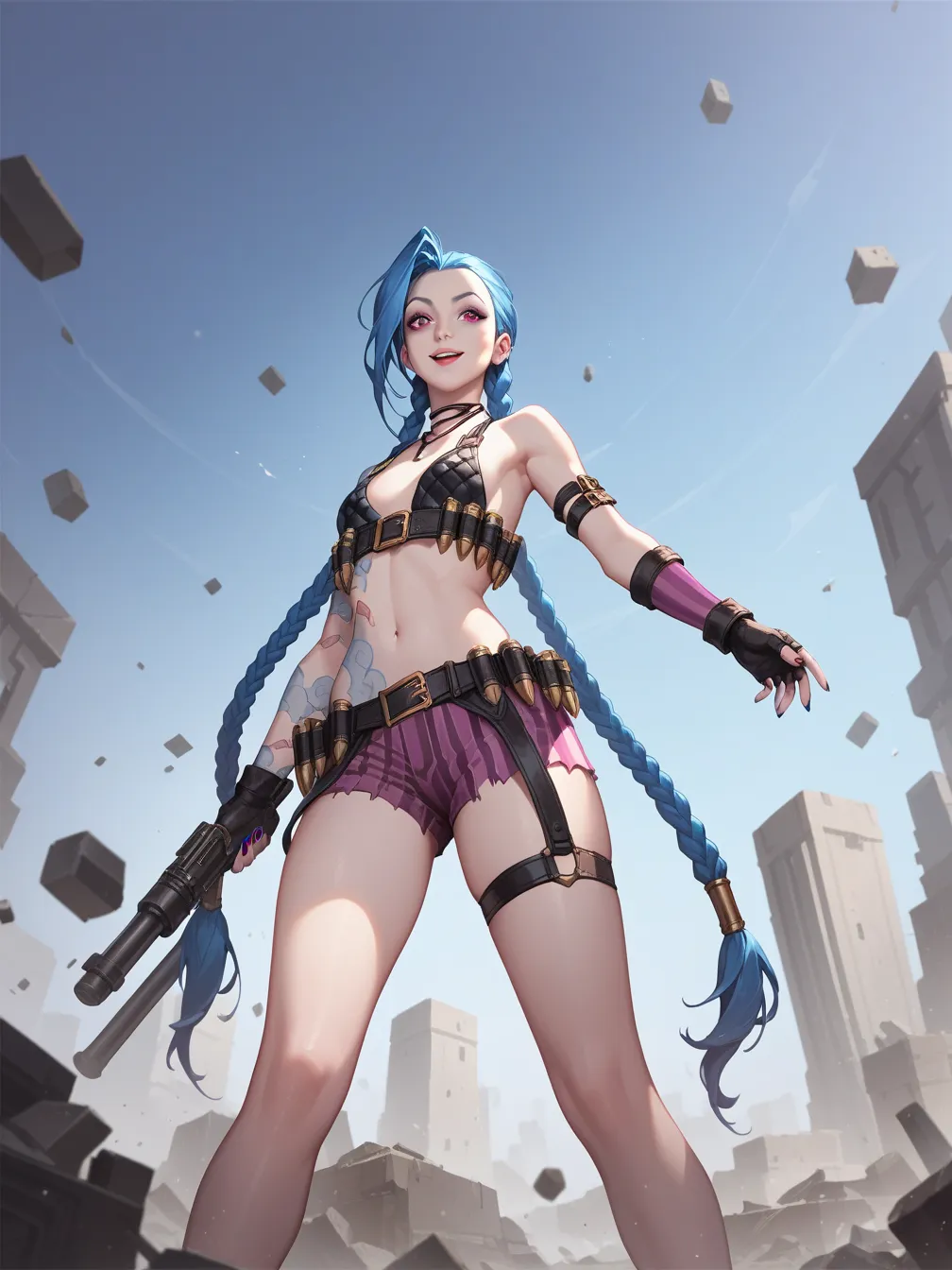 (masterpiece, best quality,top quality),(wide shot:0.95),leagueoflegends,all in one,Jinx,Dynamic angle,1girl,solo, highly detailed, concrete,exquisite clothing, beautiful appearance