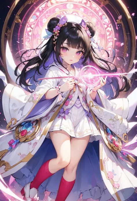 (delicate and beautiful), (immensely cute and perfect anime illustration),
((cute detailed bunt bangs))
(vivid black hair delicate long hair with many Magical Girl Accessories),
(best cute chibi character girl) (age 15), (best sexy violet glowing:3 eyes), ...