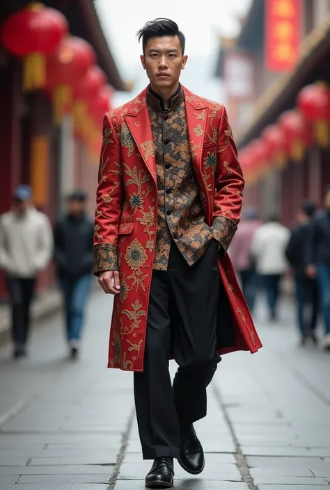 A Chinese man walks through the street wearing Chinese-style fashionable clothes