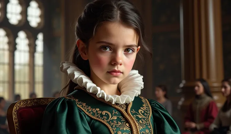 {Photorealistic image, a young girl of four years old with dark hair and bright eyes, wearing an elegant Tudor-style dress adorned with fine embroidery. She is seated on a velvet-cushioned chair in a grand room filled with tapestries and ornate furniture, ...