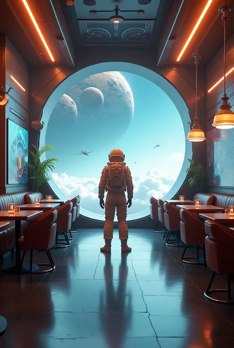 Science fiction cafe with astronaut theme 
