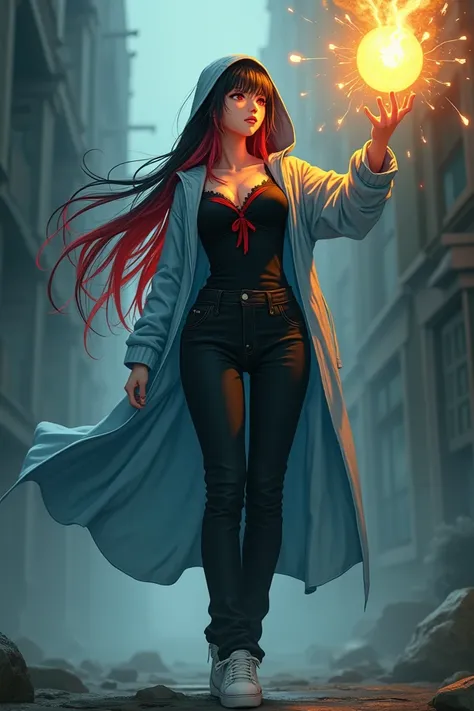 Create a cinematic anime character, a beautiful girl with long emo hair with a color gradient from black to red, wearing a light blue hooded robe with a black t-shirt with red accents, Wearing long black jeans, with white shoes, very large breasts, visible...