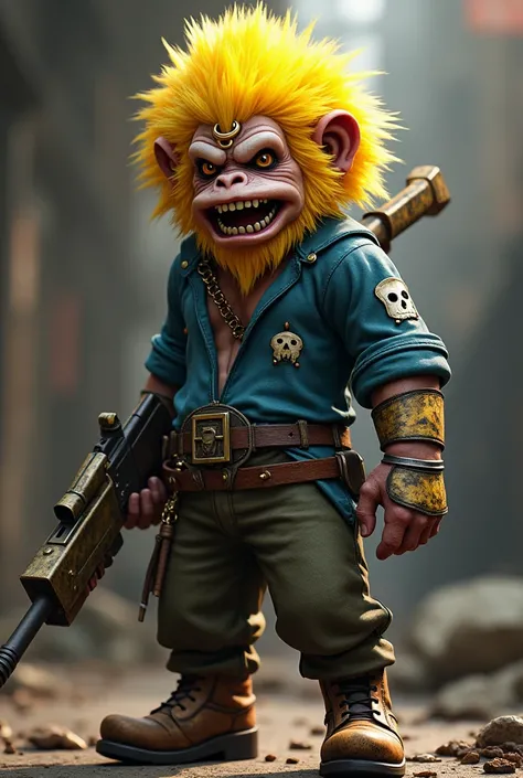 Create a H1Z1 character wearing  a  yellow hair monkey king mask  from game with a golden ring on the forehead earrings on one  ear, wearing a pirate blue shirt with the pirate flag on the arm with cackie dapper pants and the mouth open with k9 teeth holdi...