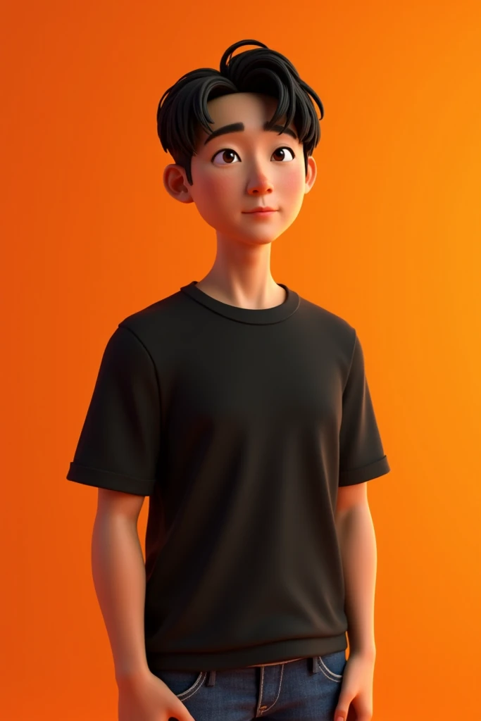 Sung Kang* "3D male character with Asian features, not Disney-Pixar style, short black hair and calm expression, wearing a black t-shirt and jeans. Ao fundo, Ni orange