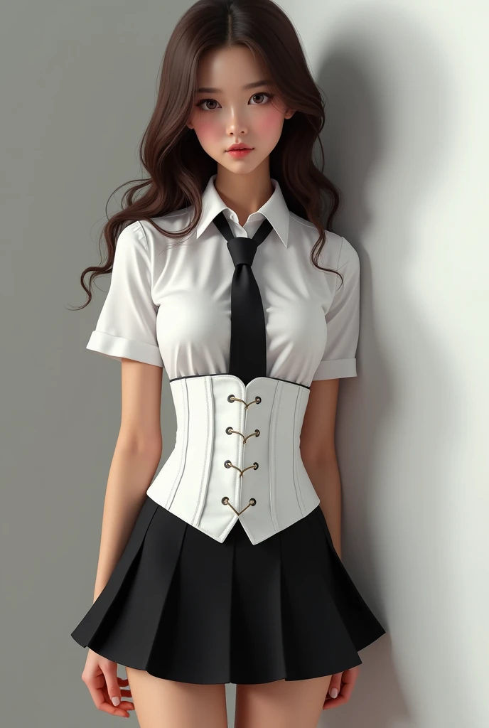 Brown girl in student uniform lingerie with a white corset with white shirt and black tie mini skirt black mini skirt by olanes sexy small realistic waist 