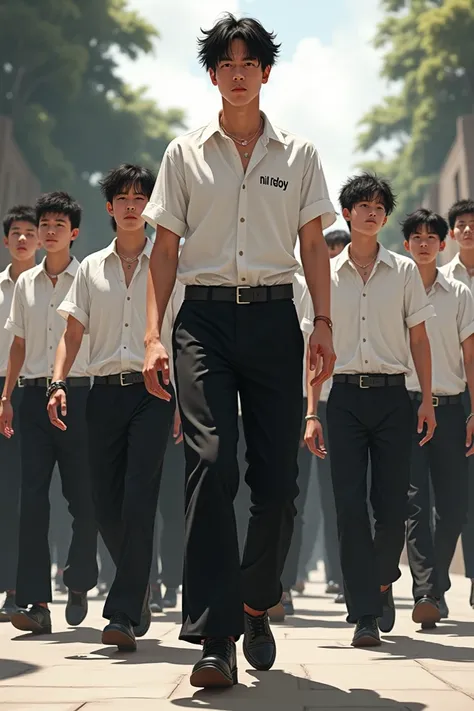 I am walking, 10 boys are walking behind me, wearing black pants and a white shirt, and I will be wearing black pants and a white stylish shirt with the words "nil Redoy" written on the shirt.