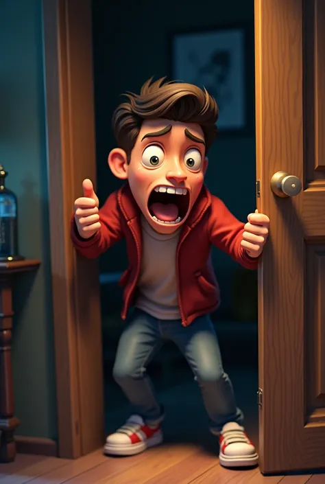 Generate in image 3d cartoon style 
terrified young man trying to push a heavy wooden door that has shut tightly on its own, with panic and fear evident on his face.

"