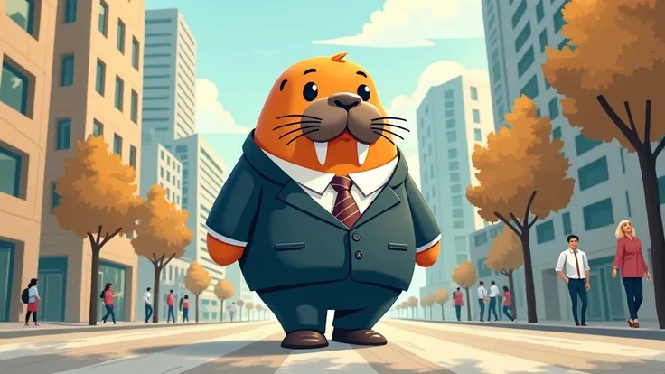 A cute illustration of a walrus wearing a suit and moving around the office district