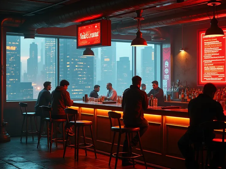 make me aa cyber punk wallpaper of a bar for my pc and the bar menu will midrange and there will few member and make it realistic 