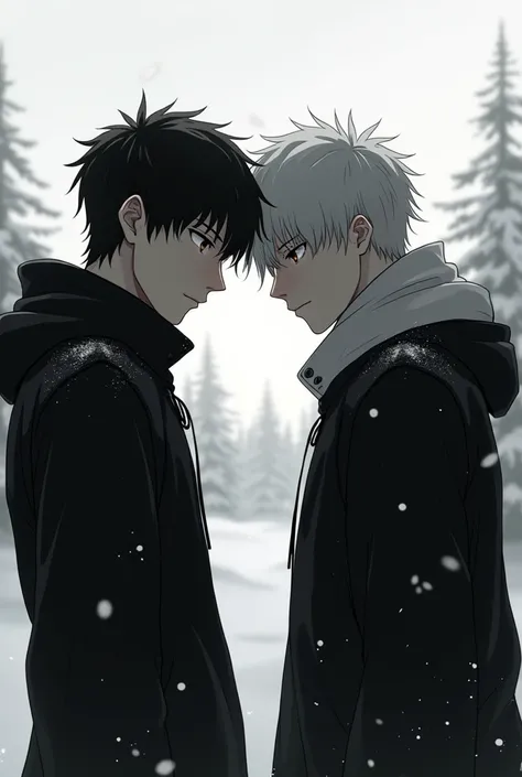 Two men, winter, black and white photo anime