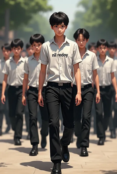 I am walking, 10 boys are walking behind me, wearing black pants and a white shirt, and I will be wearing black pants and a white stylish shirt with the words "nil Redoy" written on the shirt.