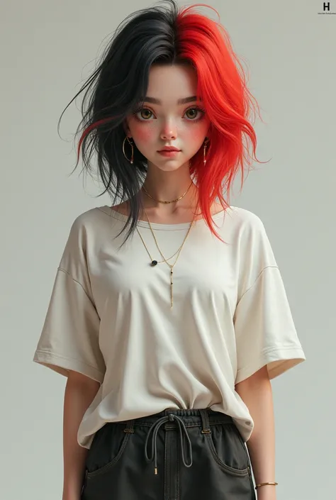 Teenager girl who has red and dark hair and wears baggy casual clothes