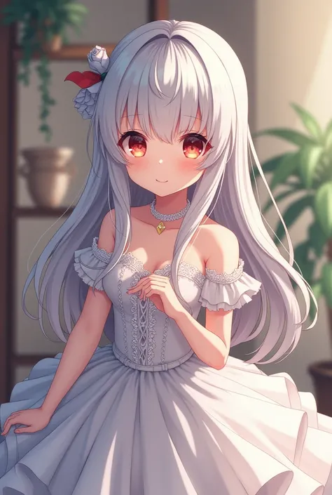 White-haired Loli ,  wears open prom dress