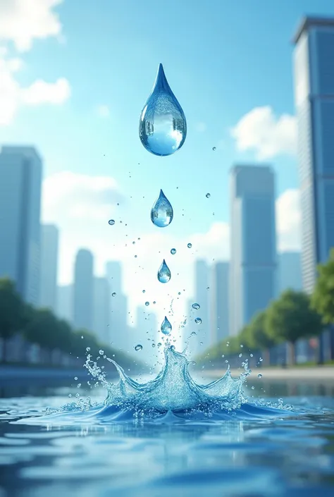 "Illustration of air transforming into water droplets, with a clean cityscape in the background of a realistic photo.