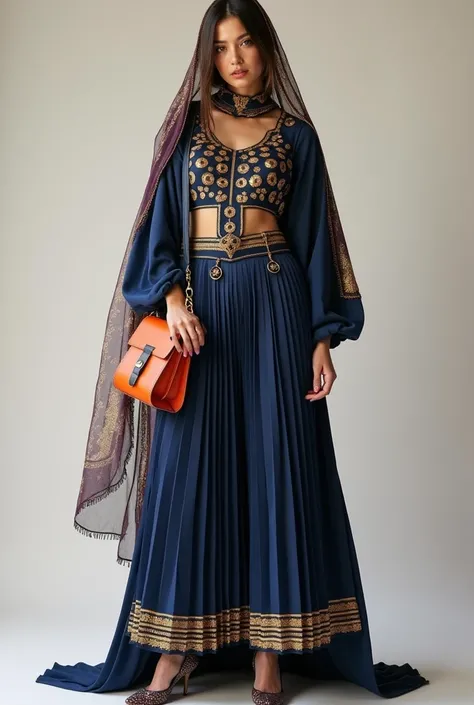 "A modern and stylish two-piece outfit inspired by Arabic attire, featuring a loose-fit top without a neckline, adorned with large disco-style buttons that add a unique and bold touch. The design includes separate pleated satin skirt-pants, matching the to...