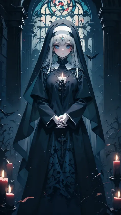 illustration,  best quality,   1 girl,    nun with silver hair and bright blue eyes ,   above broken walls   ,    holding hands ...