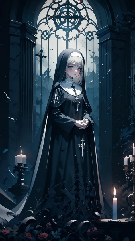 illustration,  best quality,   1 girl,    nun with silver hair and bright blue eyes ,   above broken walls   ,    holding hands ...