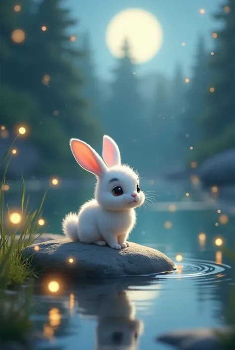 Animated image: "A tiny, playful bunny with soft white fur, sitting on a smooth rock by a crystal-clear lake at night. The water sparkles under the moonlight, with gentle ripples creating shimmering patterns. The surrounding forest is bathed in a gentle gl...